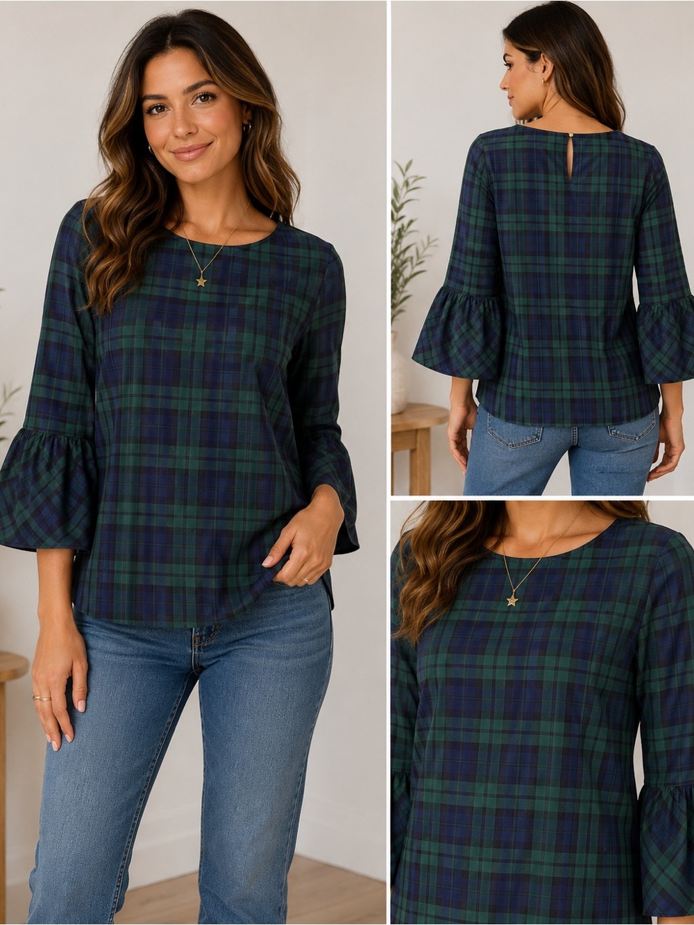 Vineyard Vines Blackwatch Plaid Bell Sleeve Blouse Green Blue Silk Blend Top